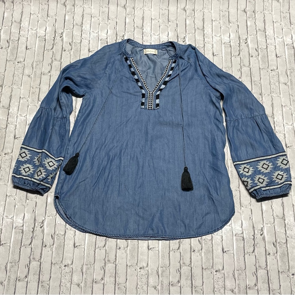Altar'd State Denim Blue Embroidered Blouse